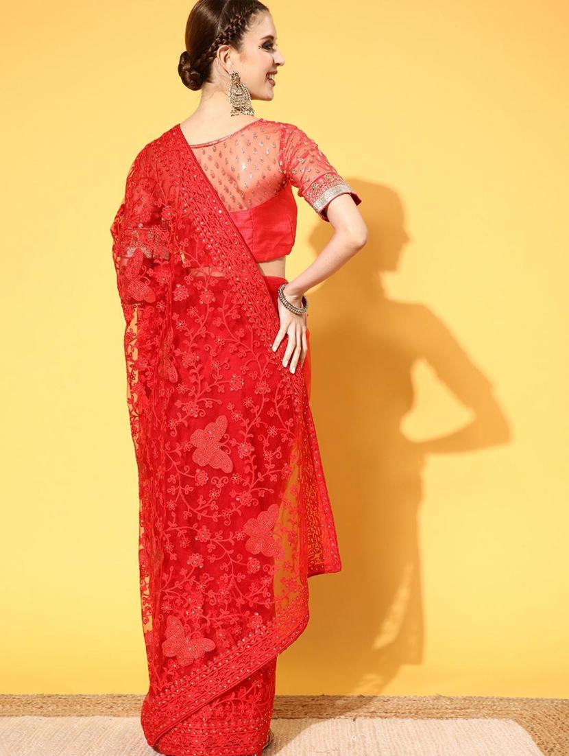 red embroidered saree with blouse - 18404124 - Zoom Image - 3