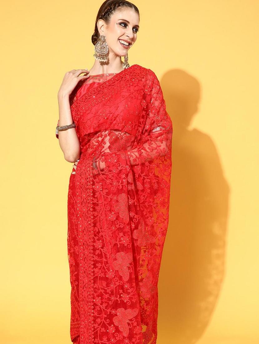 red embroidered saree with blouse - 18404124 - Zoom Image - 4