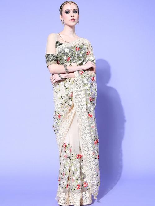 cream embroidered saree with blouse - 18404129 - Standard Image - 1