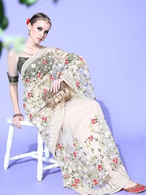 cream embroidered saree with blouse - 18404129 - Standard Image - 3