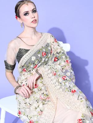 cream embroidered saree with blouse - 18404129 - Standard Image - 5