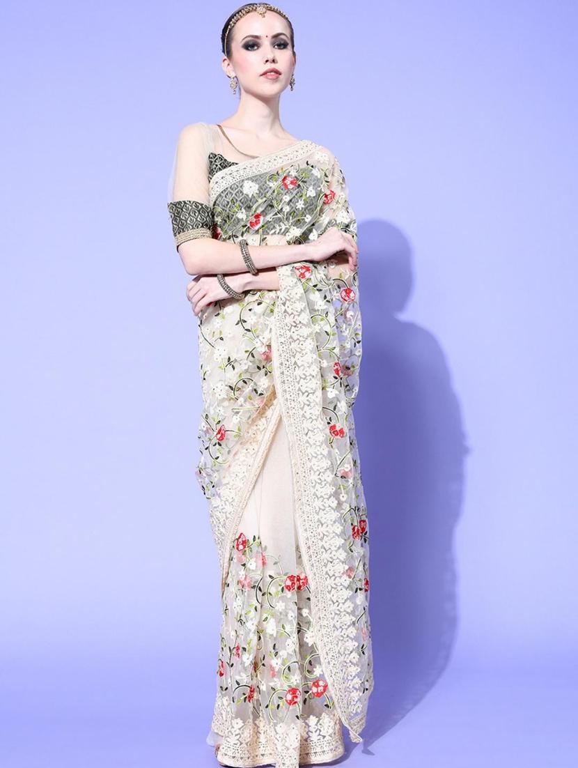 cream embroidered saree with blouse - 18404129 - Zoom Image - 1