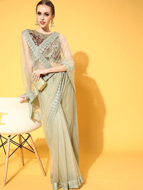 green embroidered saree with blouse - 18404174 - Standard Image - 1