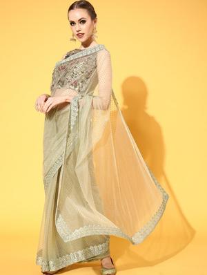 green embroidered saree with blouse - 18404174 - Standard Image - 2