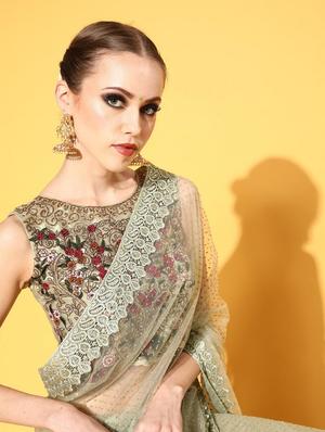 green embroidered saree with blouse - 18404174 - Standard Image - 5