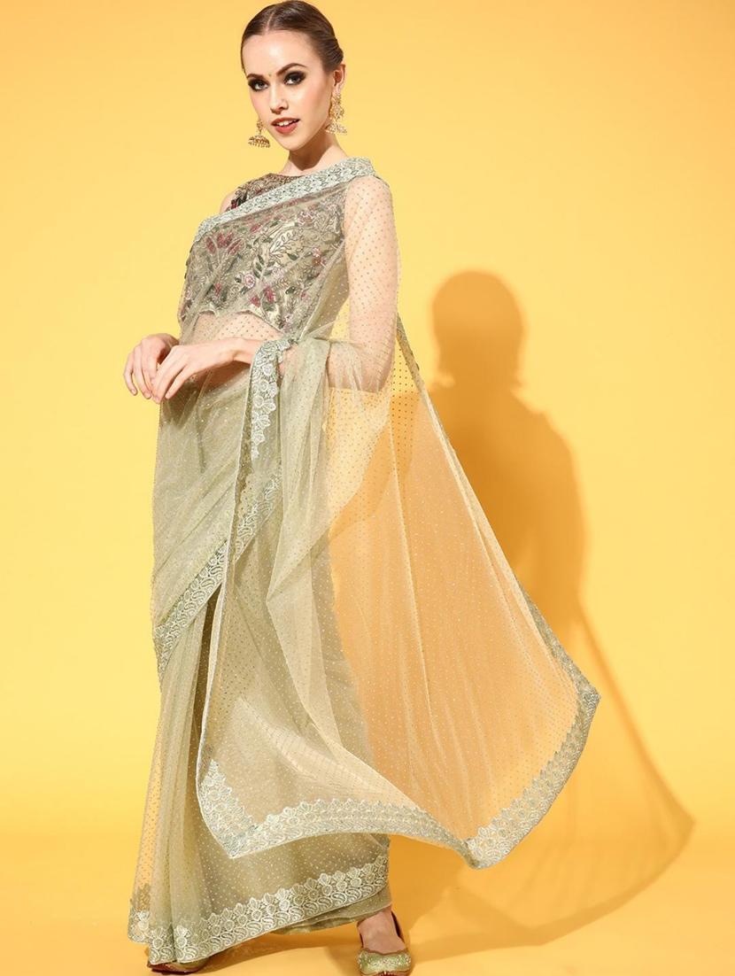 green embroidered saree with blouse - 18404174 - Zoom Image - 2