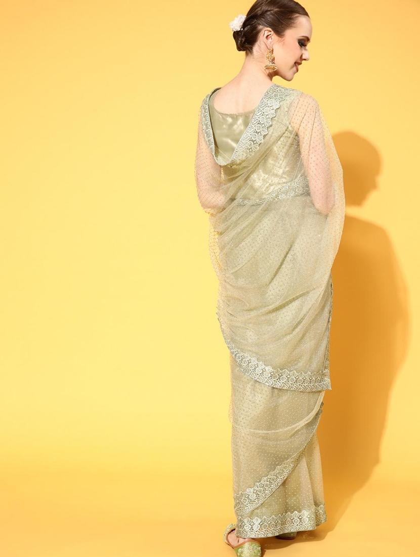 green embroidered saree with blouse - 18404174 - Zoom Image - 3