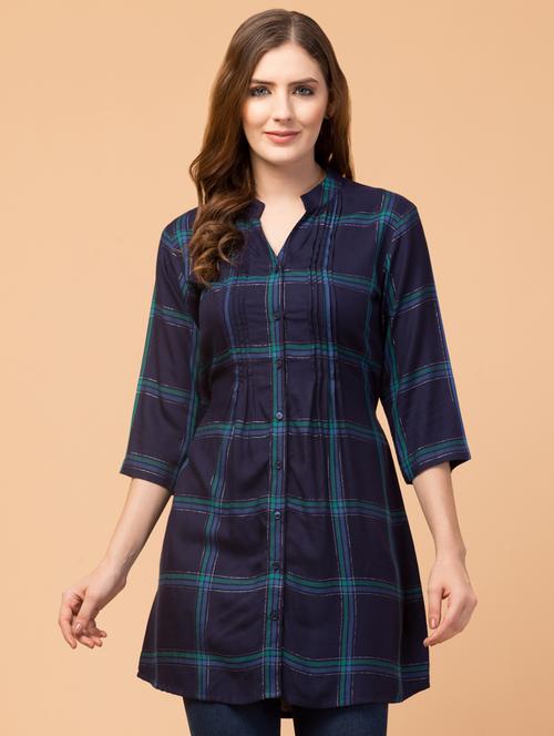 mandarin neck checkered tunic - 18404888 - Standard Image - 1