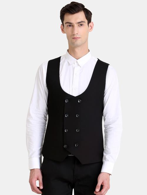 black solid double breast waist coat - 18407310 - Very Small Image - 1