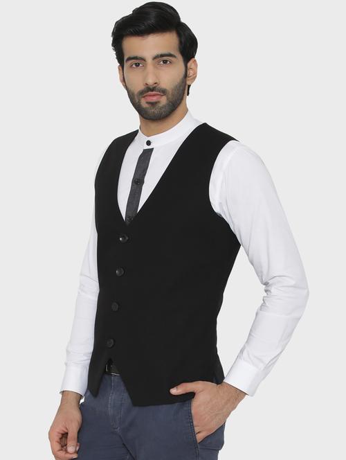 black solid classic waist coat - 18407311 - Standard Image - 1