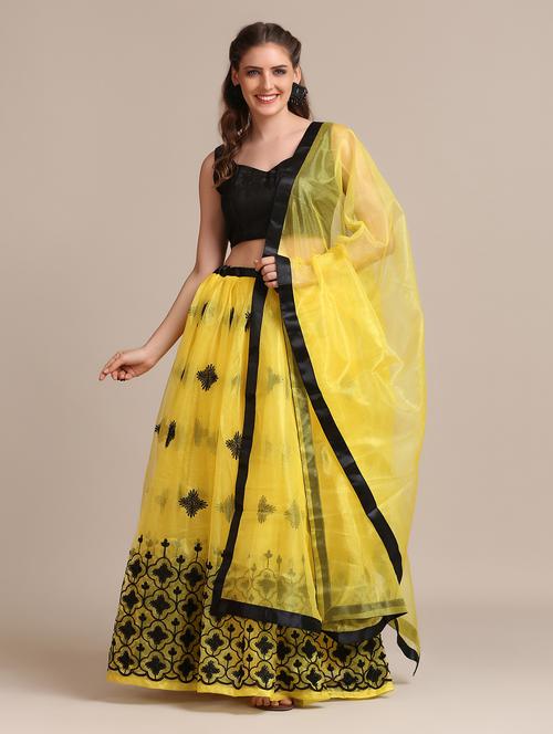 yellow net flared lehenga - 18408086 - Standard Image - 1