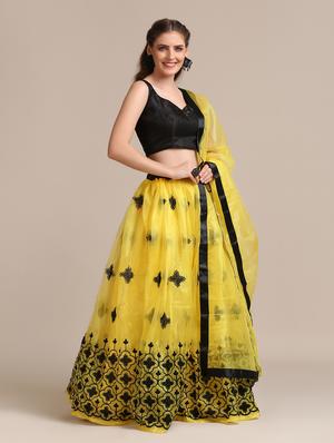 yellow net flared lehenga - 18408086 - Standard Image - 3