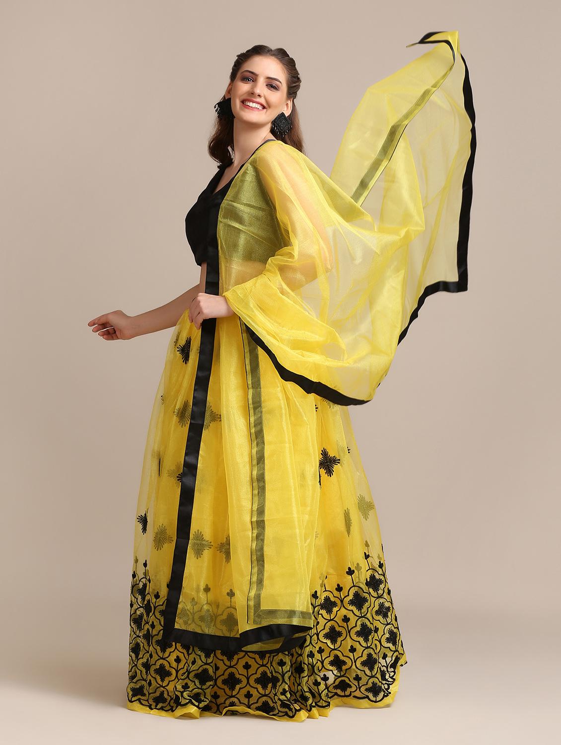 yellow net flared lehenga - 18408086 - Zoom Image - 2