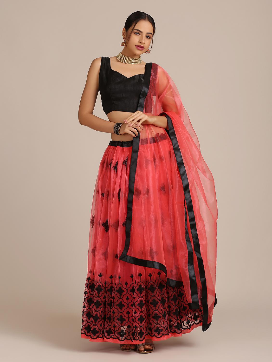 peach net flared lehenga - 18408101 - Zoom Image - 1