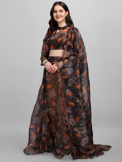 brown floral flared lehenga - 18410180 - Very Small Image - 1