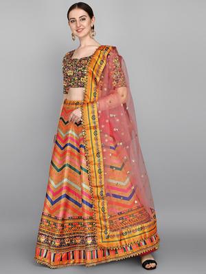 orange silk flared lehenga - 18410283 - Standard Image - 2