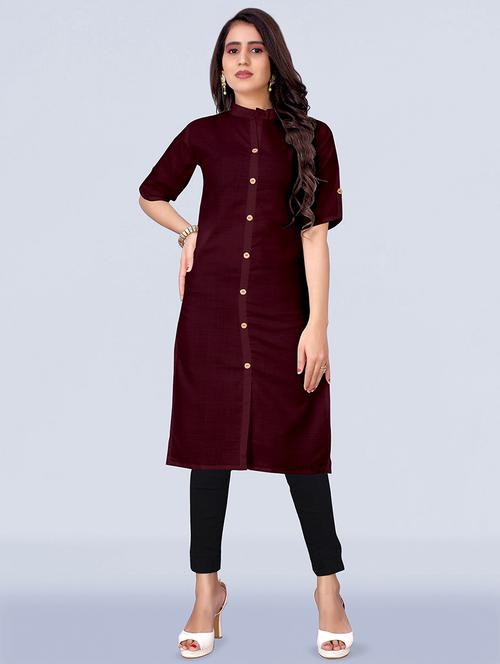 maroon solid front slit kurta - 18411276 - Standard Image - 1