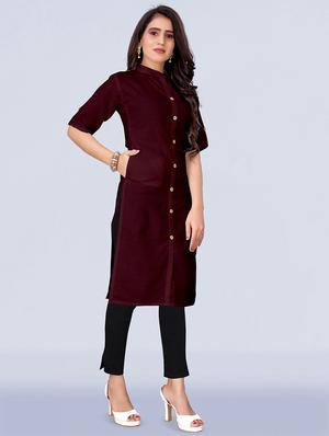 maroon solid front slit kurta - 18411276 - Standard Image - 2