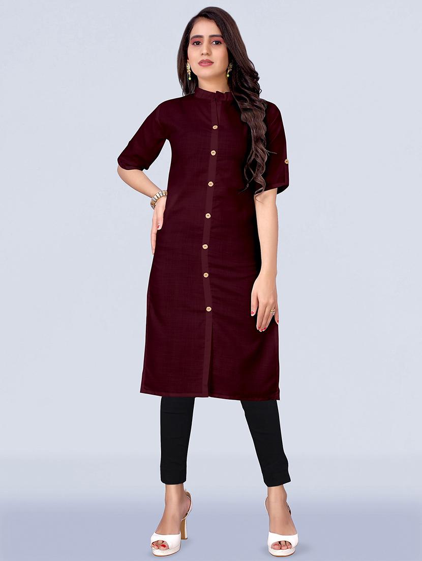 maroon solid front slit kurta - 18411276 - Zoom Image - 1