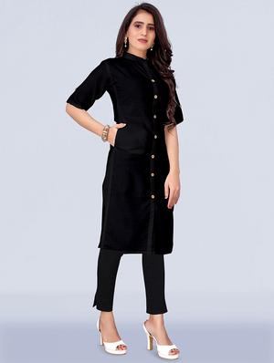 black solid front slit kurta - 18411282 - Standard Image - 2