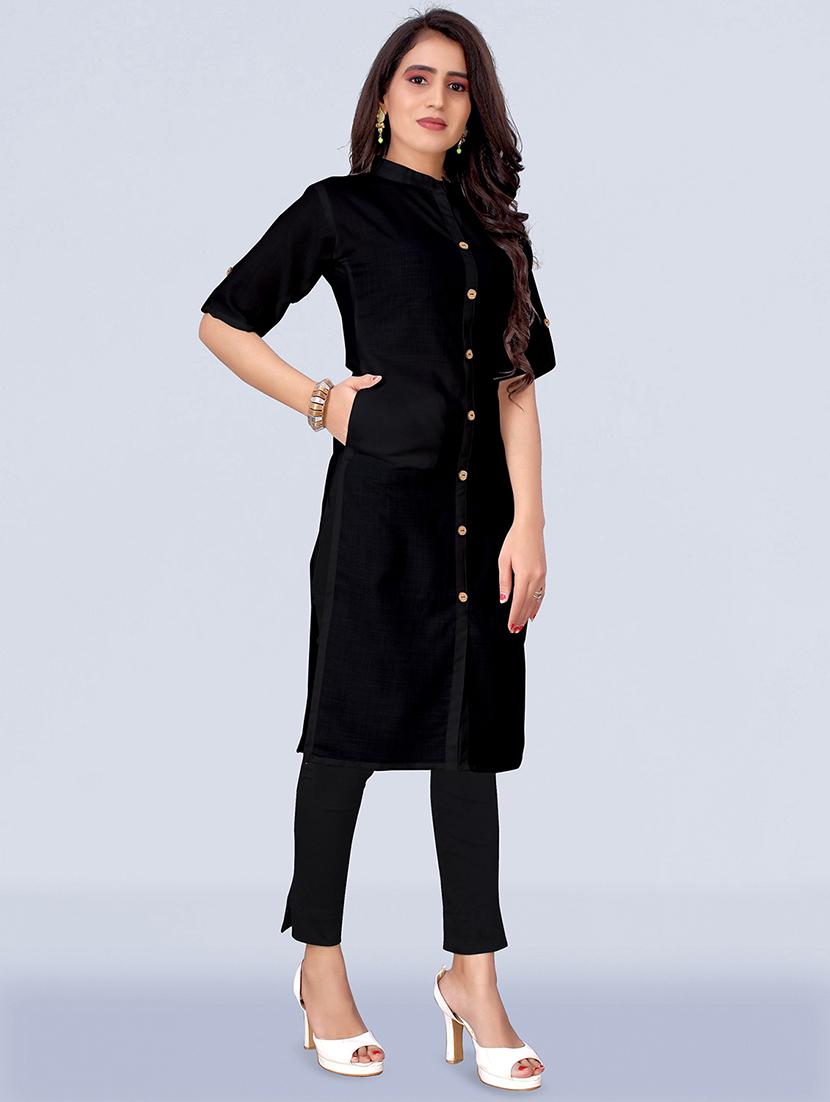 black solid front slit kurta - 18411282 - Zoom Image - 2