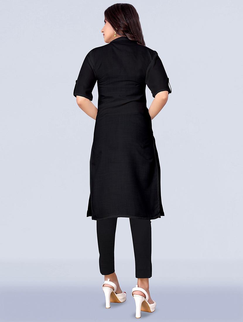 black solid front slit kurta - 18411282 - Zoom Image - 3