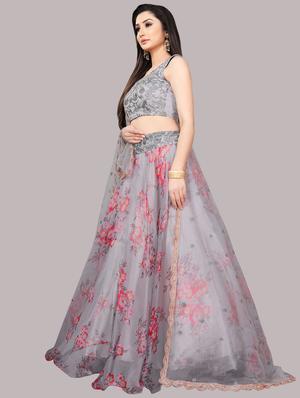 grey organza flared lehenga - 18411699 - Standard Image - 2