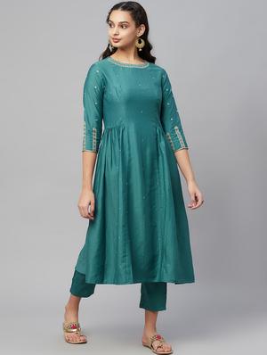 green silk kurta pant set - 18412475 - Standard Image - 2