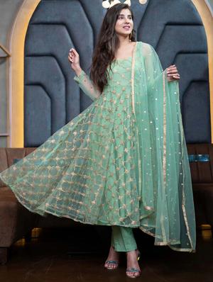 green straight pant suit semi-stitched suit - 18412665 -  Standard Image - 1