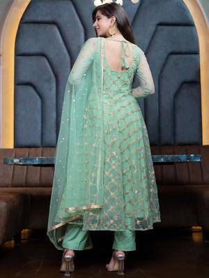 green straight pant suit semi-stitched suit - 18412665 - Standard Image - 3