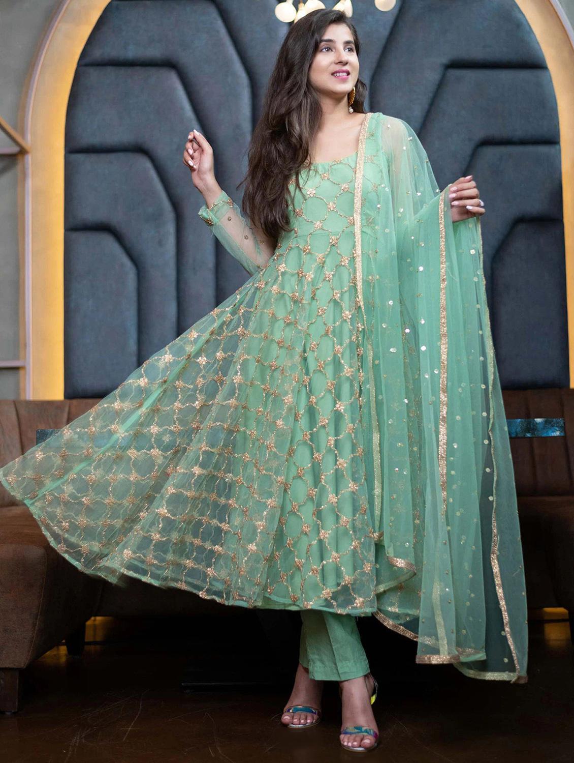 green straight pant suit semi-stitched suit - 18412665 - Zoom Image - 2