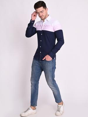 navy blue color-blocked casual shirt - 18414907 - Standard Image - 4