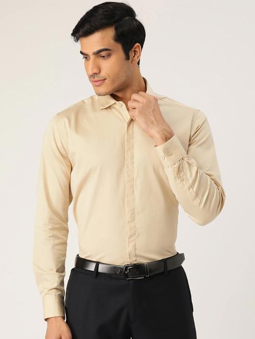 beige solid formal shirt - 18414932 - Very Small Image - 1