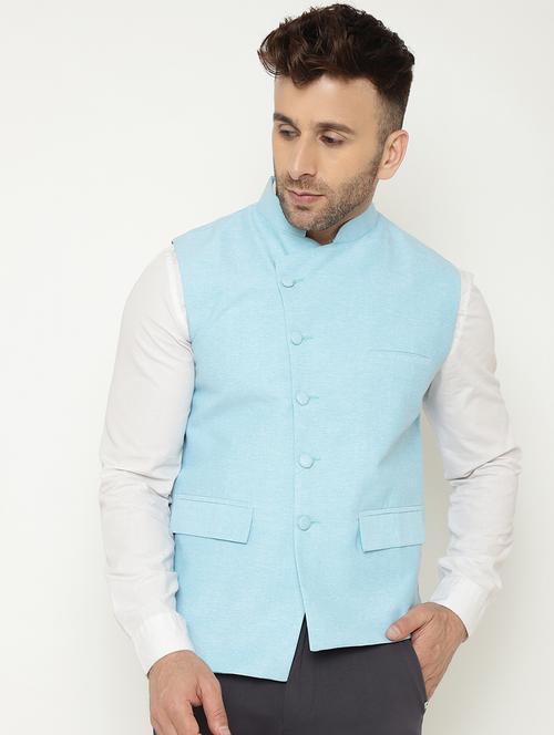 light blue solid asymmetric nehru jacket - 18415462 - Standard Image - 1