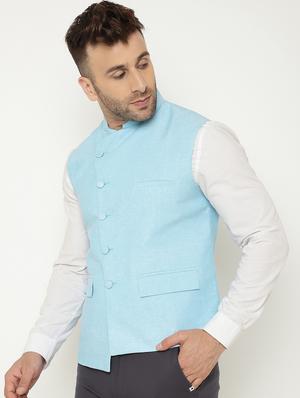light blue solid asymmetric nehru jacket - 18415462 - Standard Image - 3