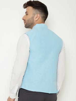 light blue solid asymmetric nehru jacket - 18415462 - Standard Image - 4