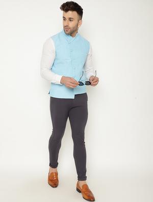 light blue solid asymmetric nehru jacket - 18415462 - Standard Image - 5