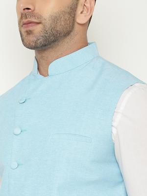 light blue solid asymmetric nehru jacket - 18415462 - Standard Image - 6