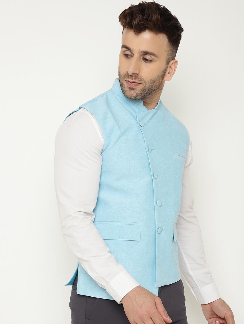 light blue solid asymmetric nehru jacket - 18415462 - Zoom Image - 2