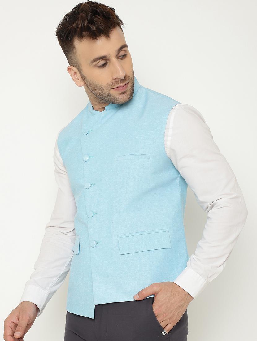 light blue solid asymmetric nehru jacket - 18415462 - Zoom Image - 3