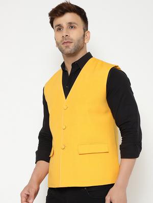 yellow solid nehru jacket - 18415467 - Standard Image - 3