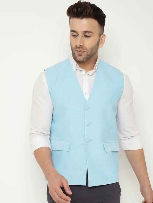 light blue solid nehru jacket - 18415472 - Standard Image - 1