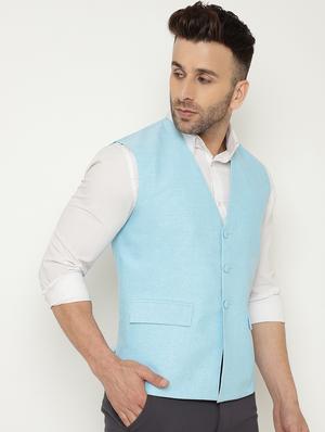 light blue solid nehru jacket - 18415472 - Standard Image - 2