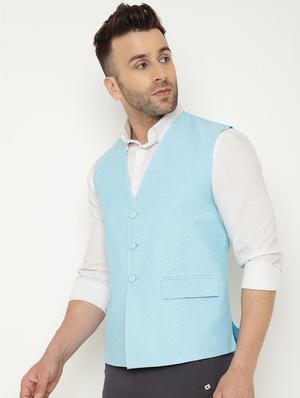light blue solid nehru jacket - 18415472 - Standard Image - 3