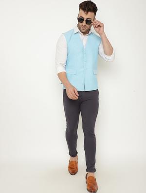 light blue solid nehru jacket - 18415472 - Standard Image - 5
