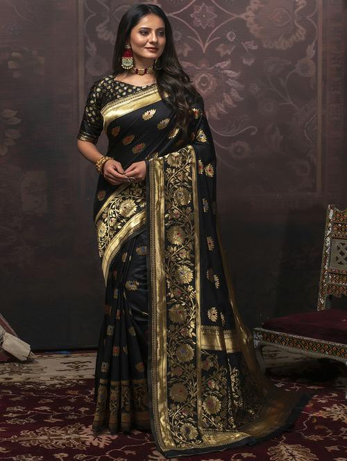 black silk banarasi saree with blouse - 18416212 - Very Small Image - 1