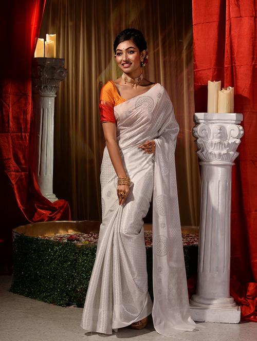 offwhite silk blend printed saree with blouse - 18419116 - Very Small Image - 1