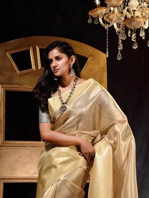 gold tissue plain saree with blouse - 18419144 - Standard Image - 4