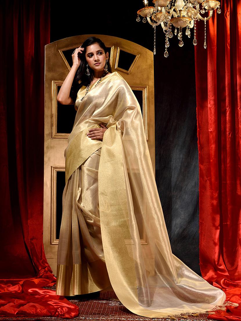 gold tissue plain saree with blouse - 18419144 - Zoom Image - 2