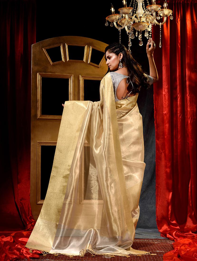 gold tissue plain saree with blouse - 18419144 - Zoom Image - 3